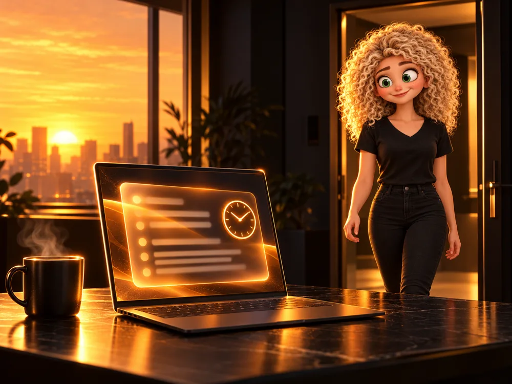 Sondra walking in at sunrise, her laptop already glowing
