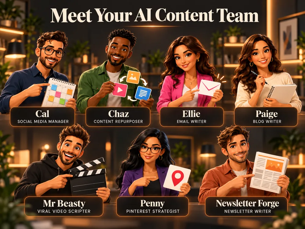 Meet your AI Content Team: Cal, Chaz, Ellie, Paige, Mr Beasty, Penny and Newsletter Forge